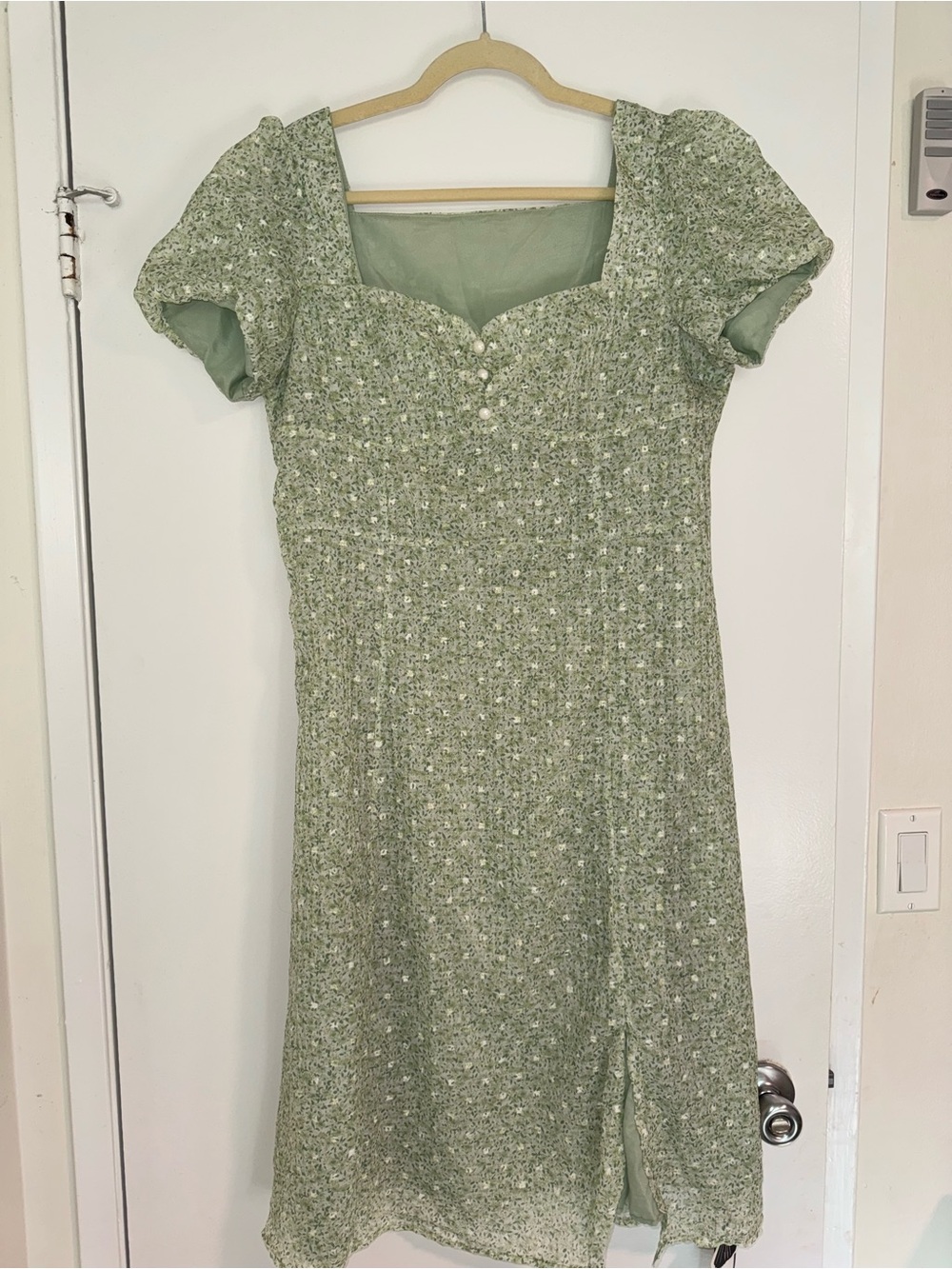 Sage Green Floral Midi Dress with Puff Sleeves